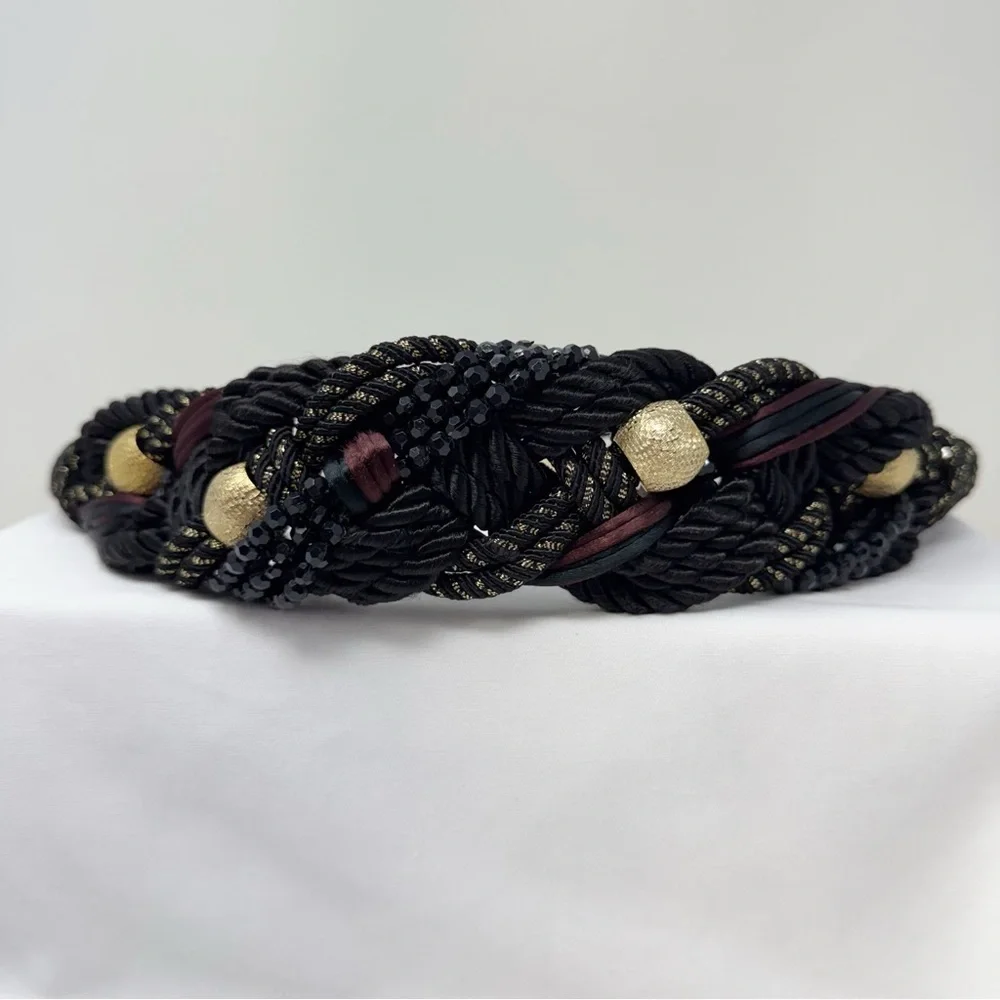 Vintage Braided Rope Belt Black Gold Beaded Statement Belt Boho